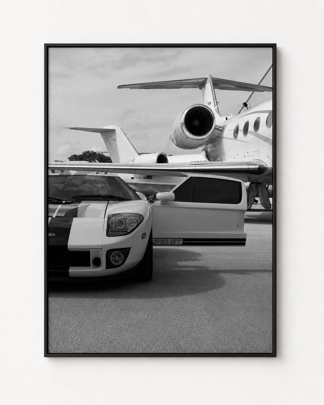 "Ready for Takeoff" monochrome Ford GT and private aviation automotive artwork