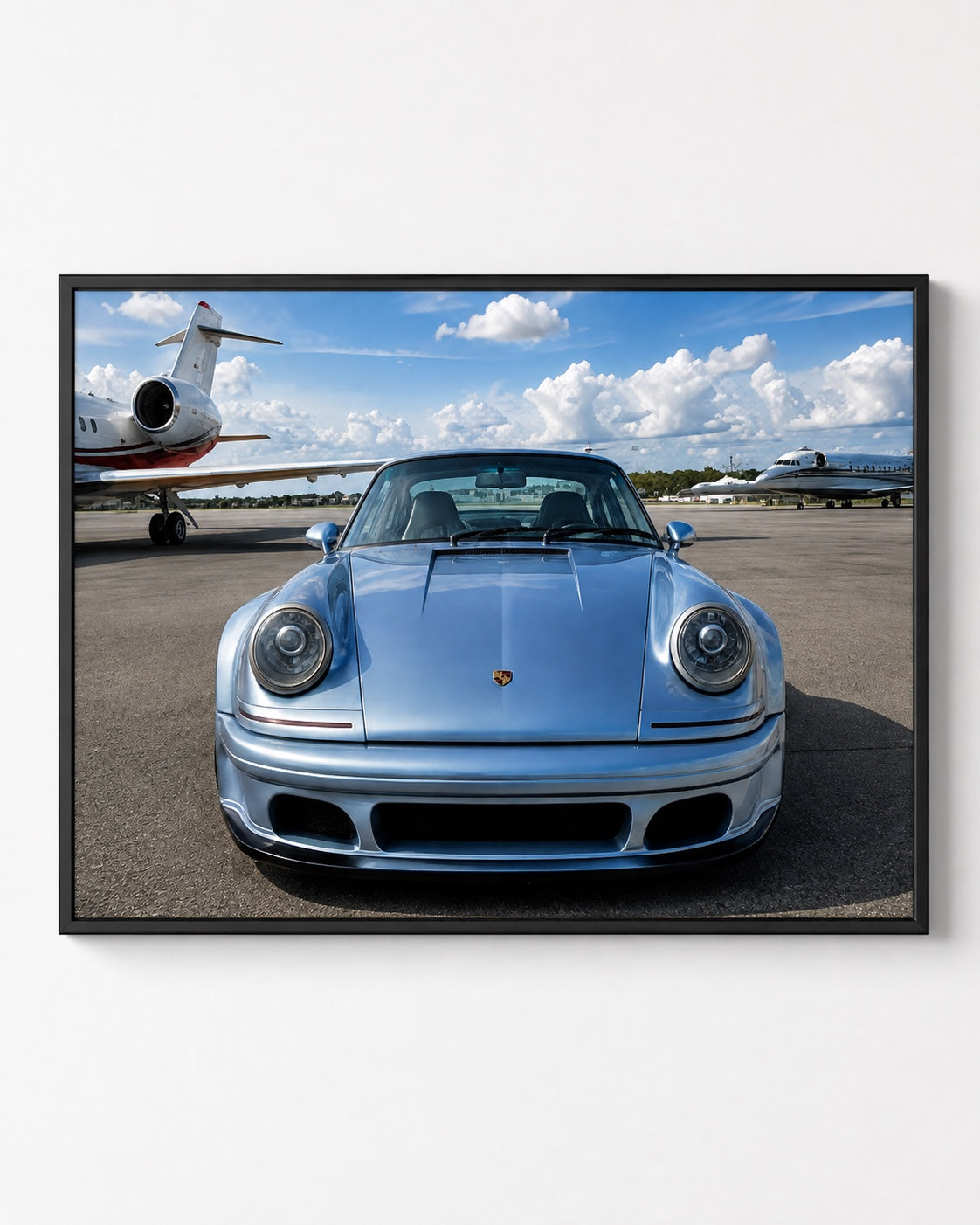 Skye Blue I head-on Porsche artwork in a black frame