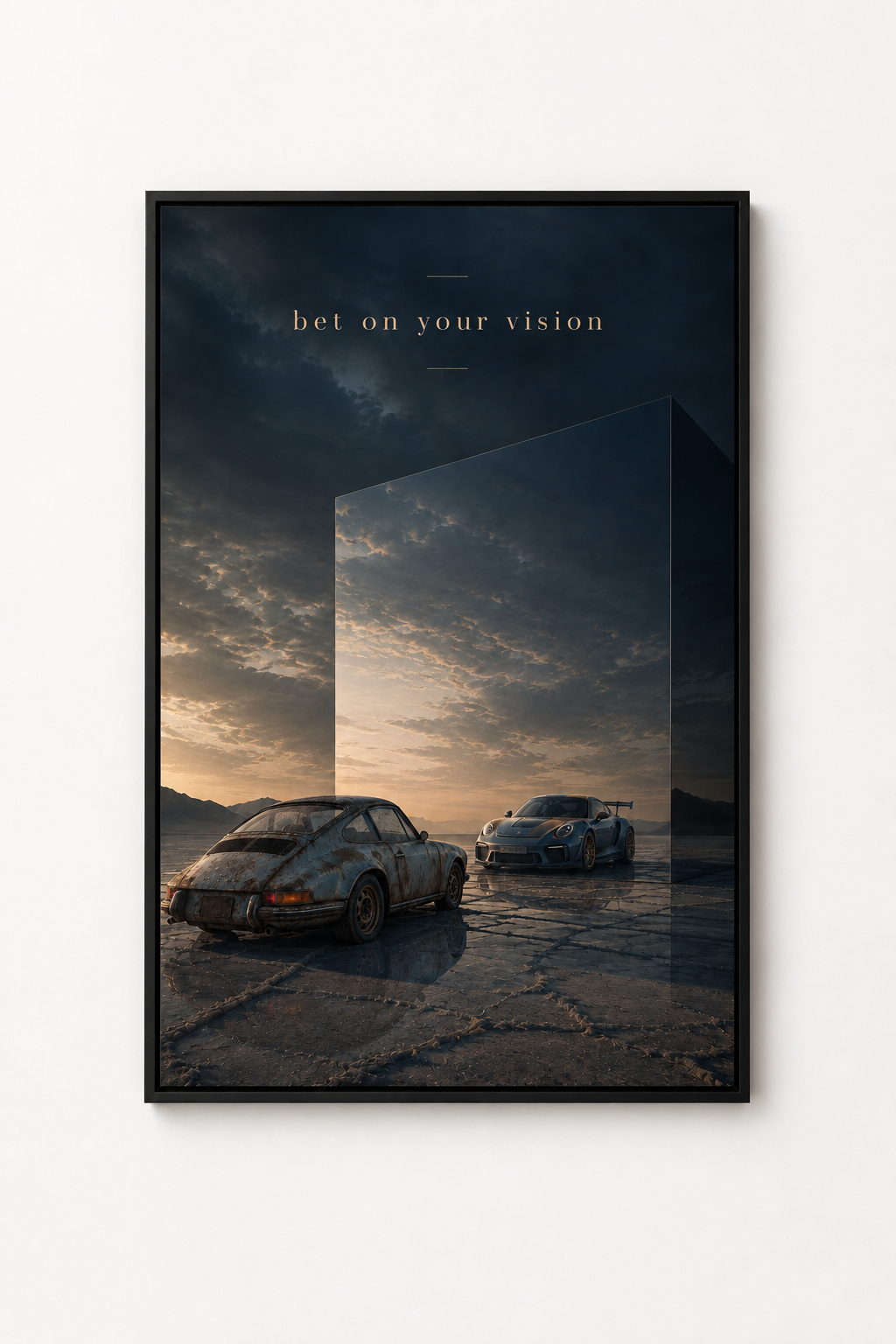 Bet on Your Vision motivational automotive artwork in a black frame