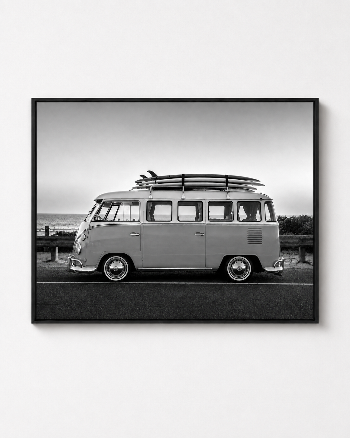 California Dreaming black and white surf van artwork in a black frame