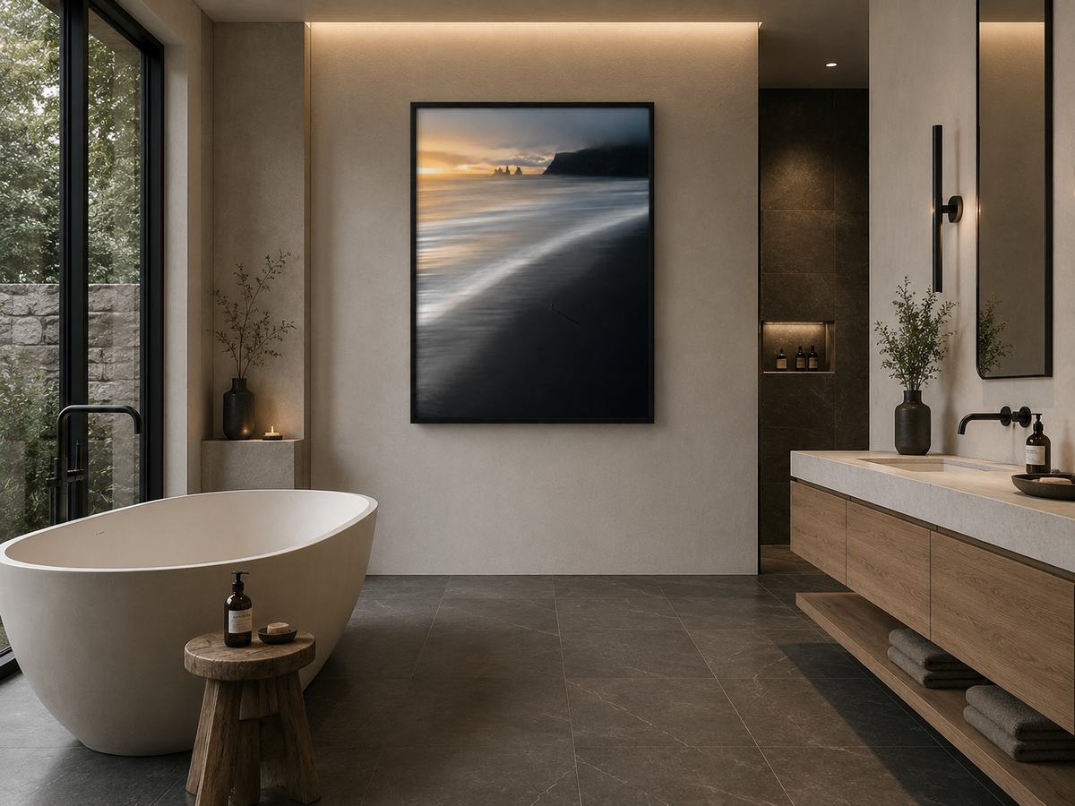 Edge of Silence dark coastal wall art hanging in a modern interior