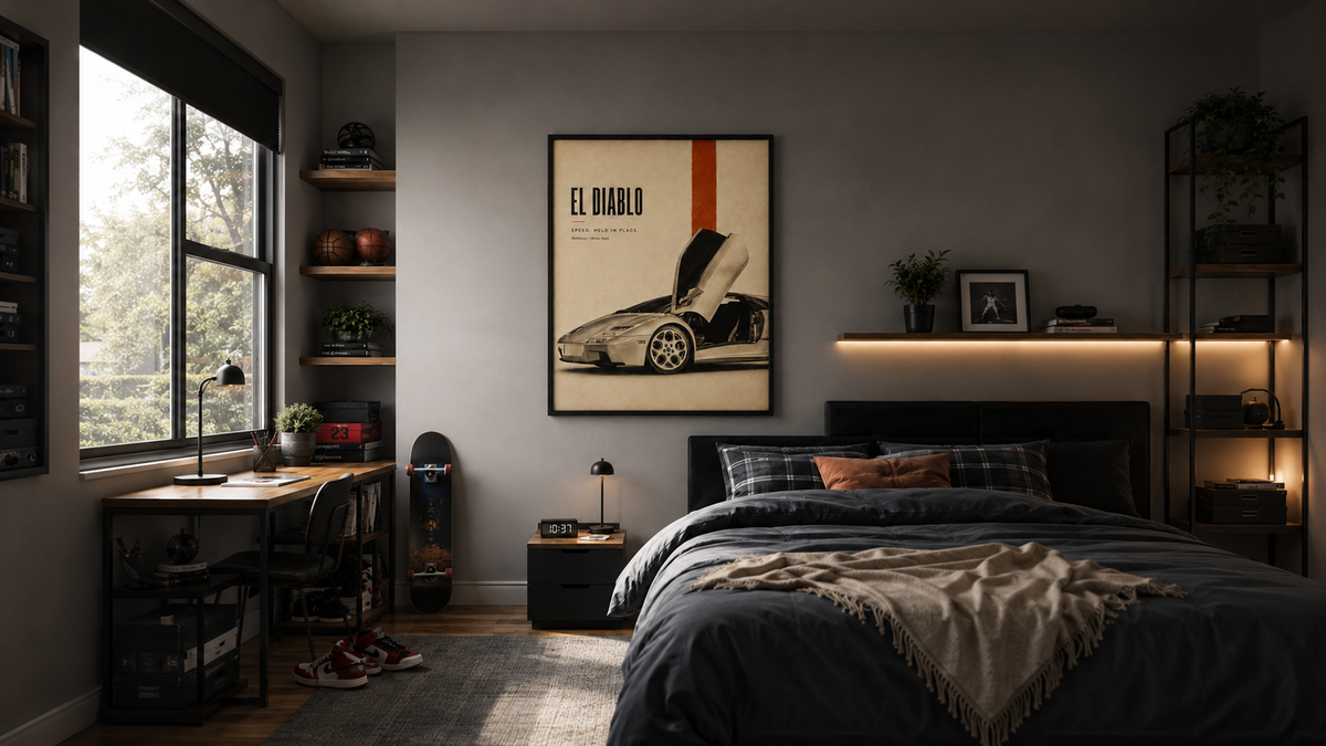 El Diablo supercar wall art hanging in a modern bedroom