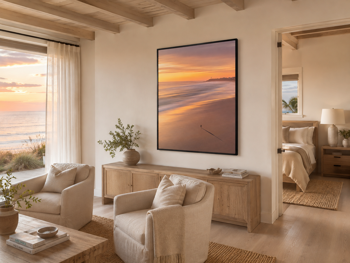Golden Distance coastal wall art hanging in a modern interior