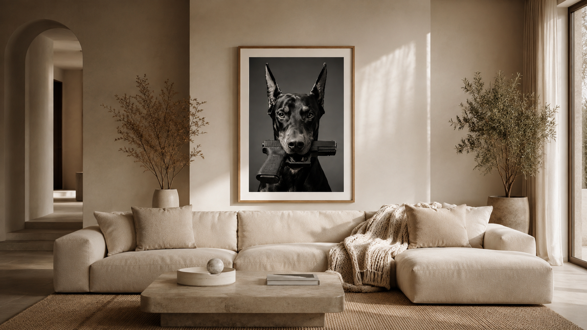 Good Boy Doberman wall art hanging above a couch in a modern living room