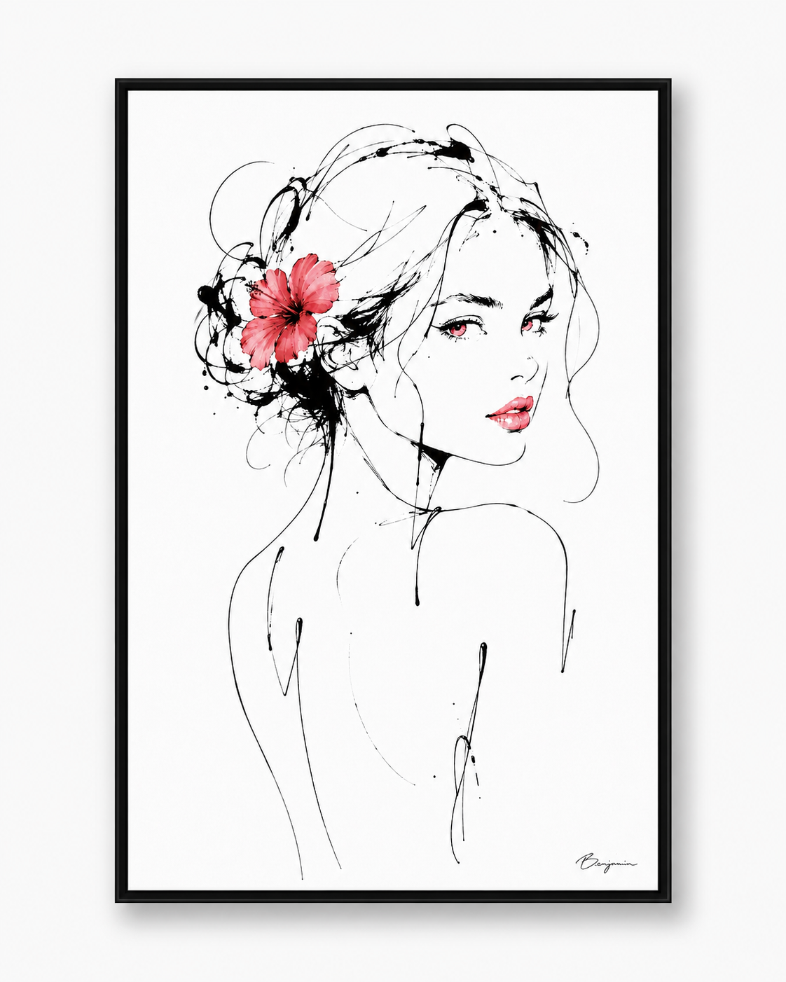 Inked II black ink portrait with red flower and pink accents in a black frame