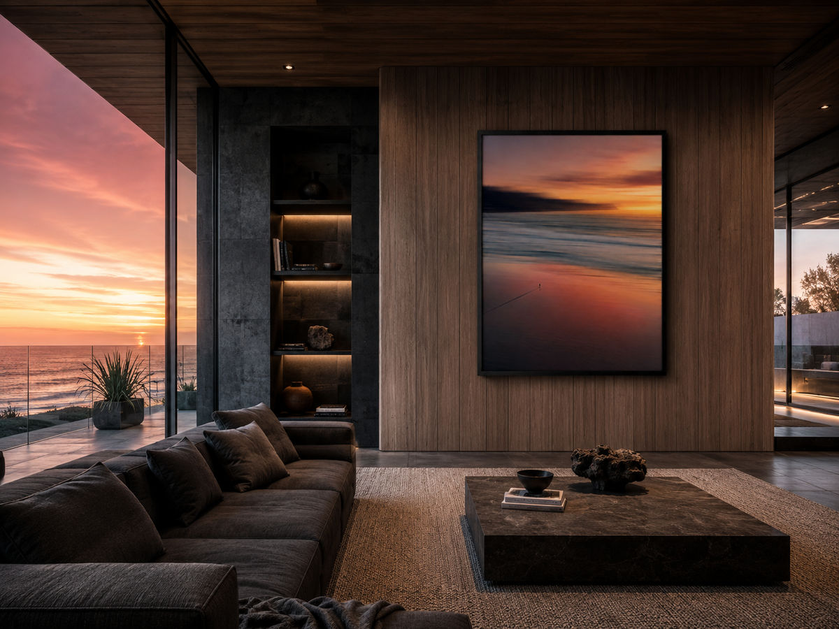Last Light minimalist coastal wall art hanging in a modern interior