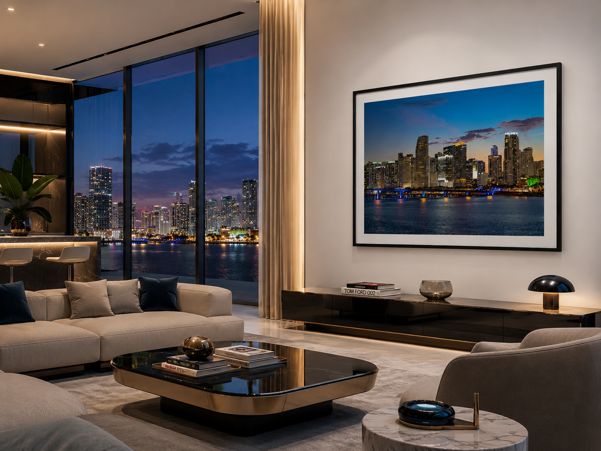 Miami Blue Hour skyline photography hanging in a modern living room