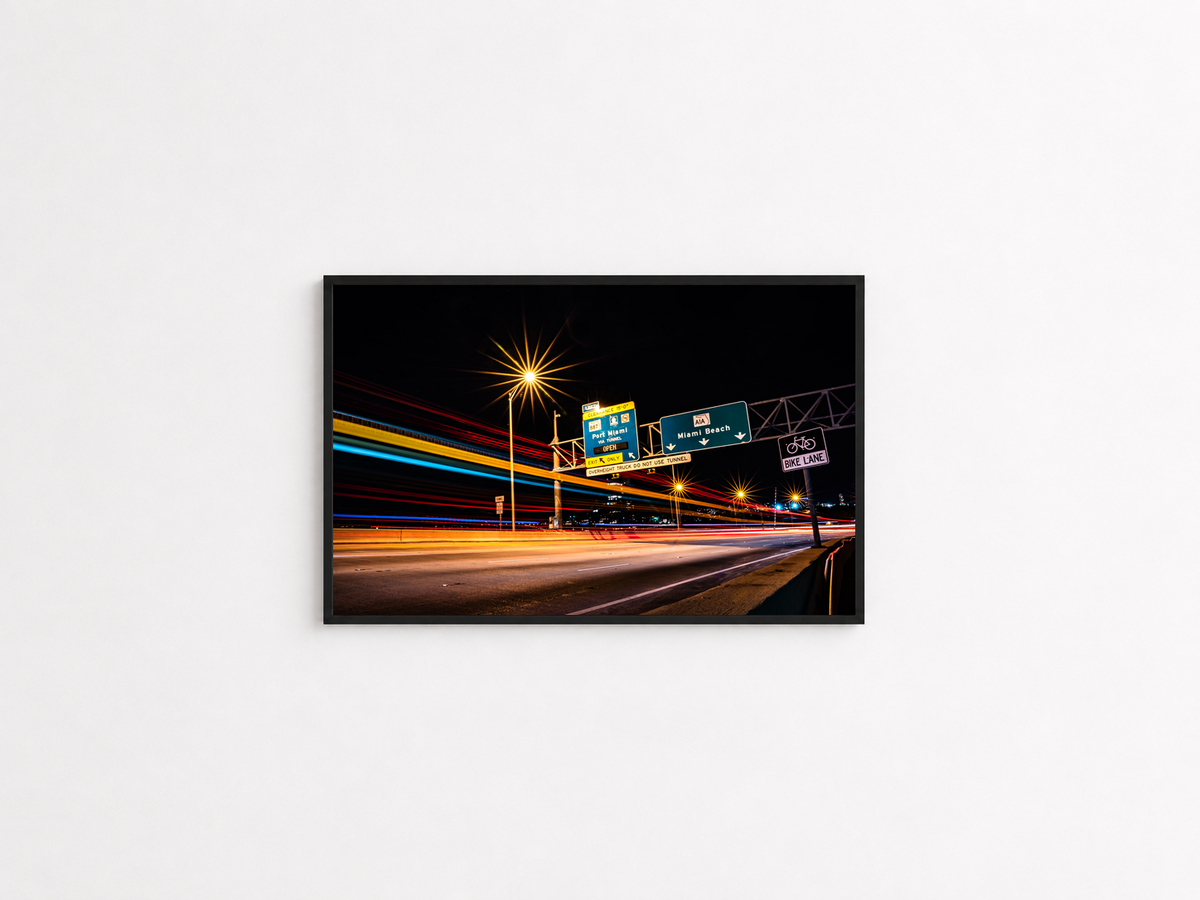 Miami Beach causeway long exposure photography print in a black frame