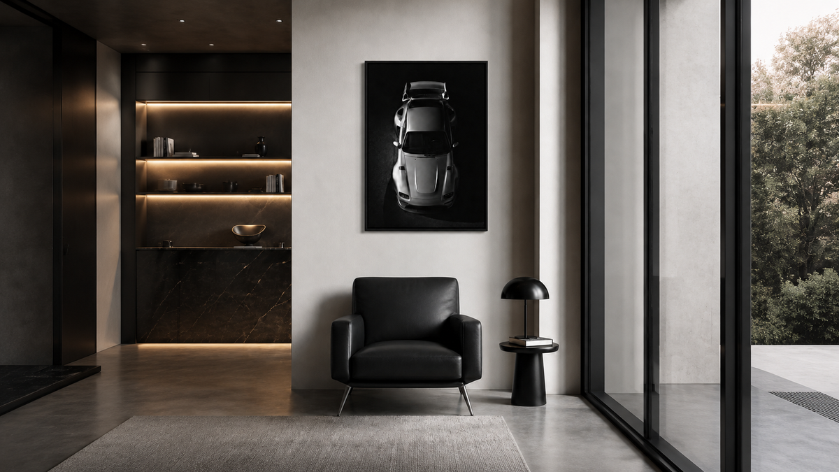 Midnight Werks monochrome automotive wall art hanging in a luxury room
