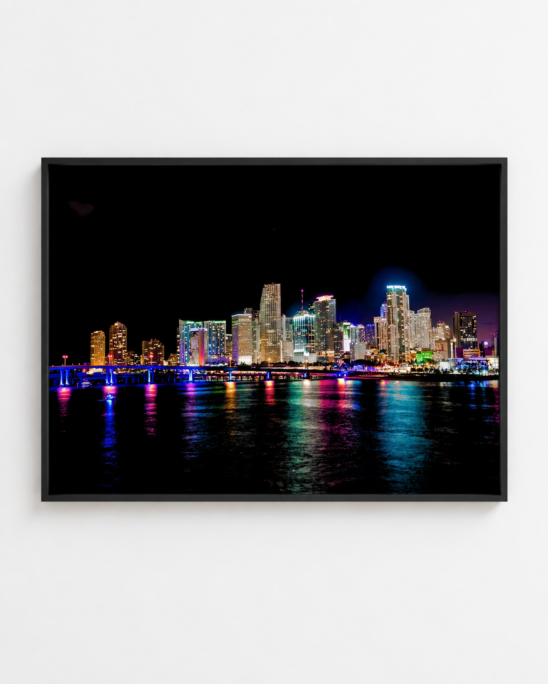 Neon Miami night skyline photography print in a black frame