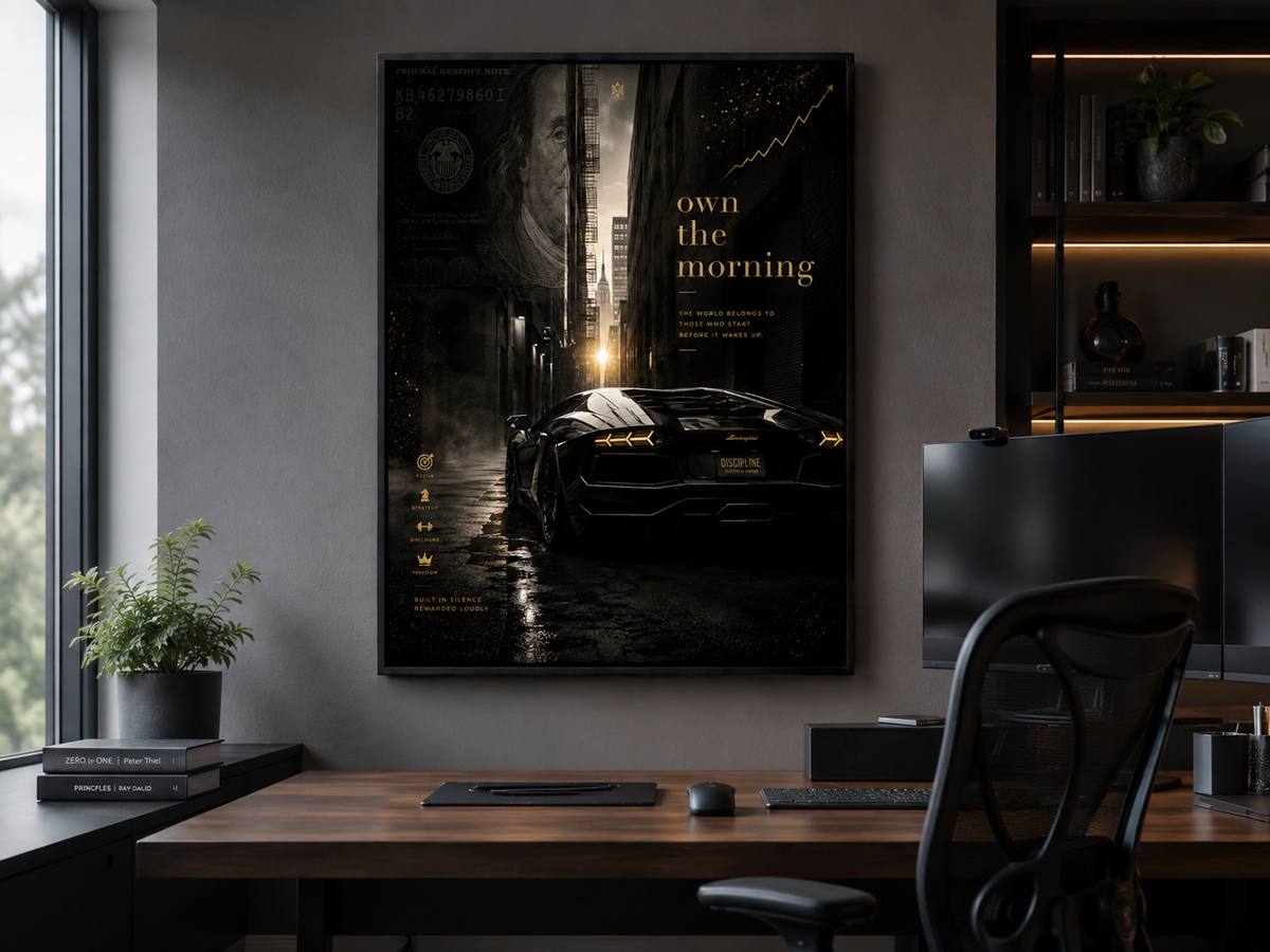 Own the Morning motivational wall art hanging in a modern office