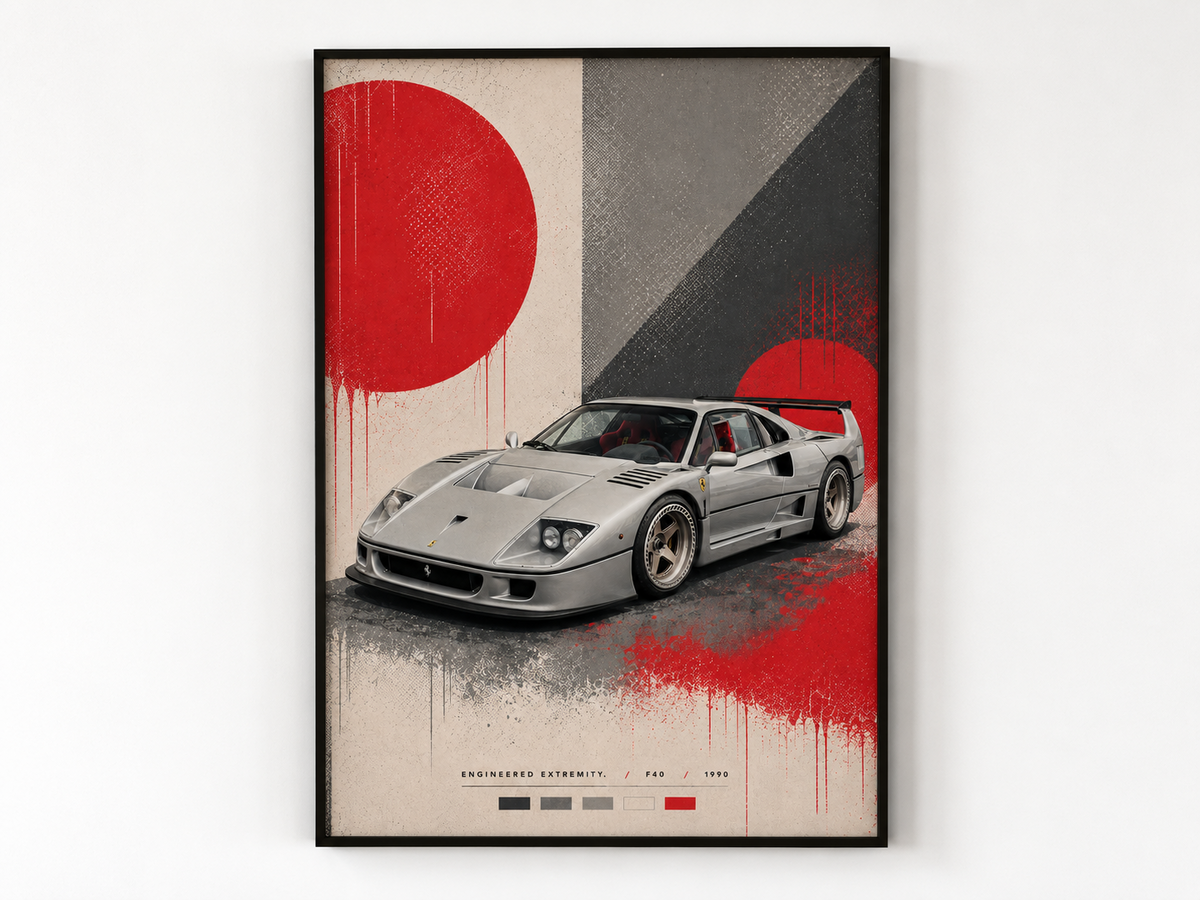 Pop F40 automotive pop artwork in a black frame