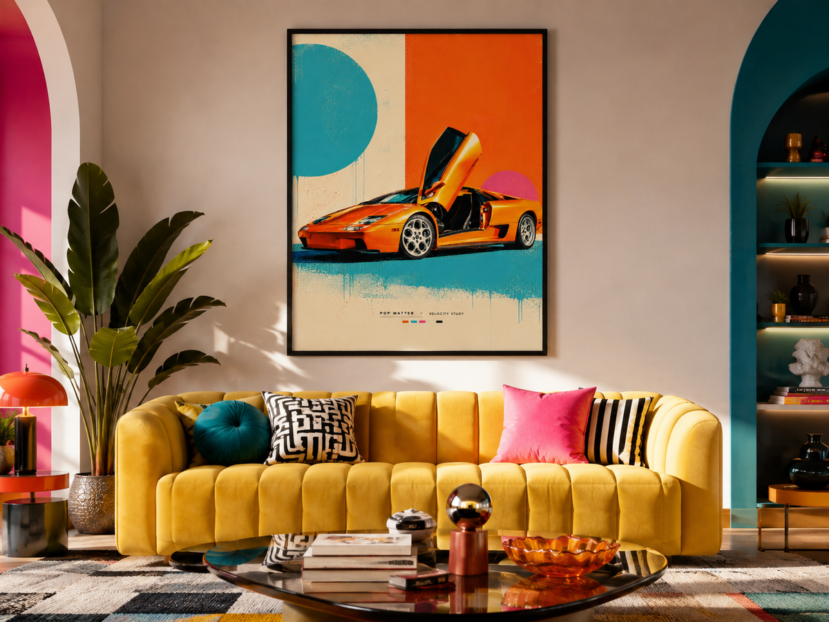 Pop Lambo orange supercar pop art hanging above a colourful sofa