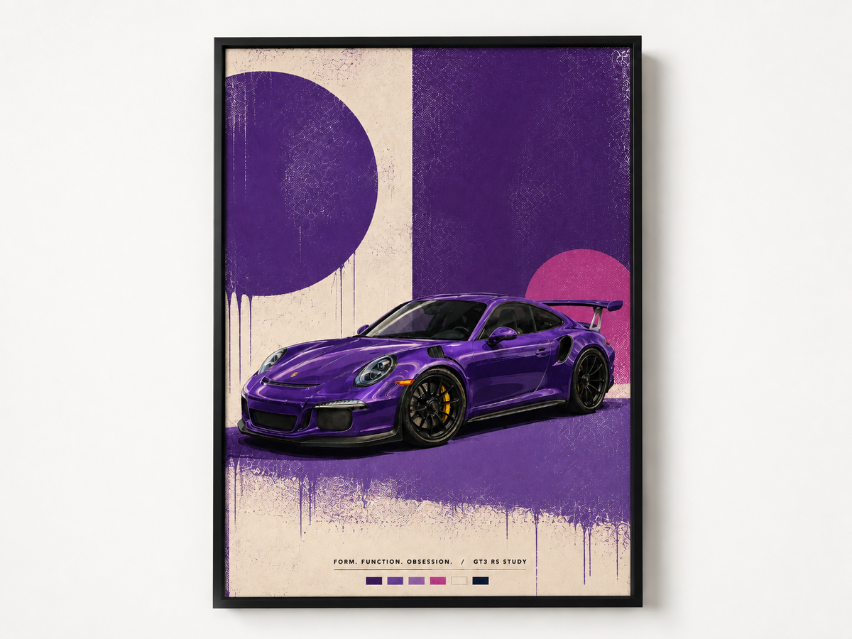 Pop Purple Porsche automotive pop artwork in a black frame