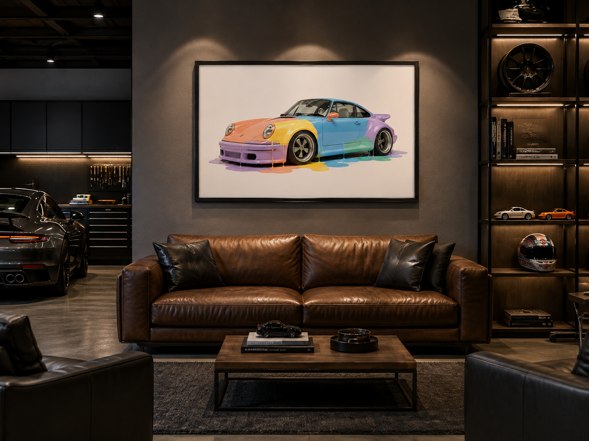 Porsche Melt colourful 911 canvas art hanging in an automotive lounge