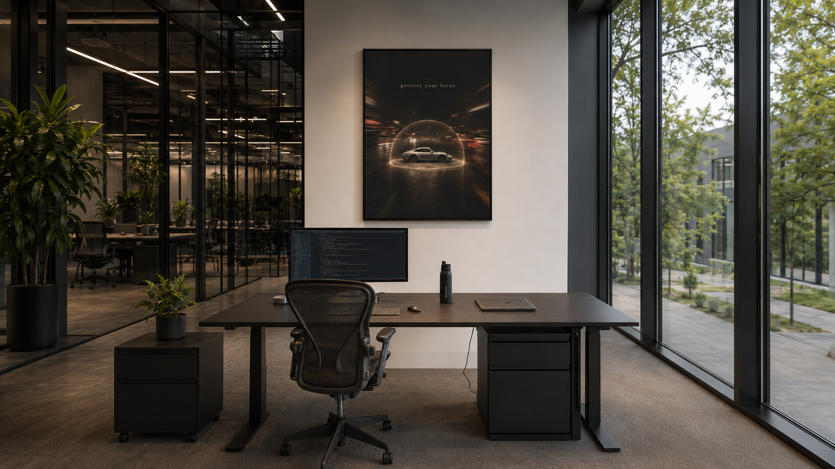 Protect Your Focus motivational wall art hanging in a modern home office