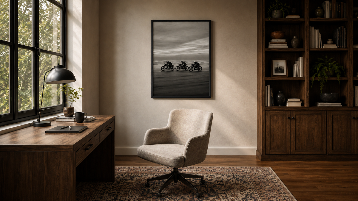 Ride vintage motorcycle wall art hanging in a warm home office