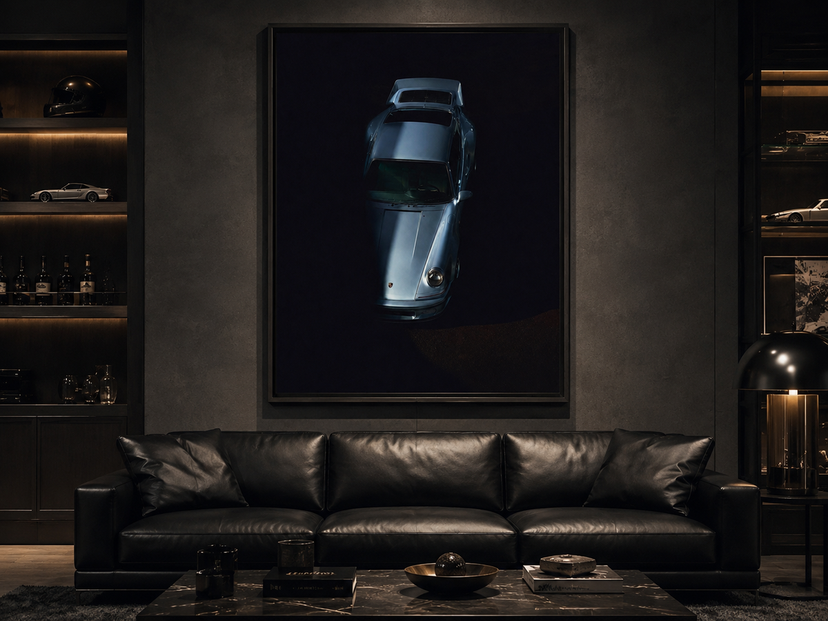 Shady Porsche air-cooled 911 wall art hanging in a dark luxury lounge