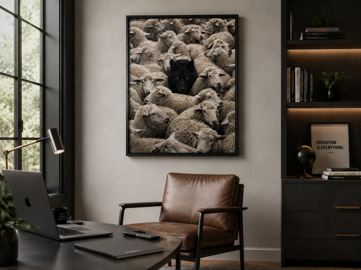 Be the Wolf motivational wall art hanging in a modern office