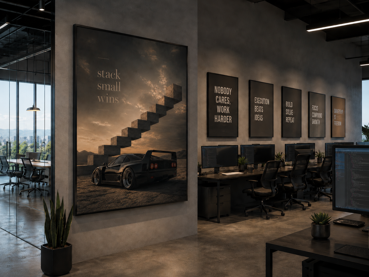 Stack Small Wins motivational wall art hanging in a modern technology office