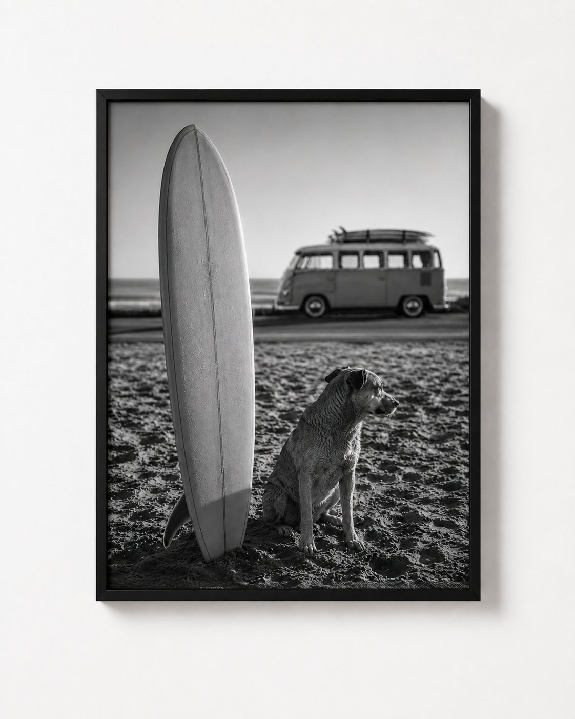 Still California Dreaming black and white surf dog artwork in a black frame