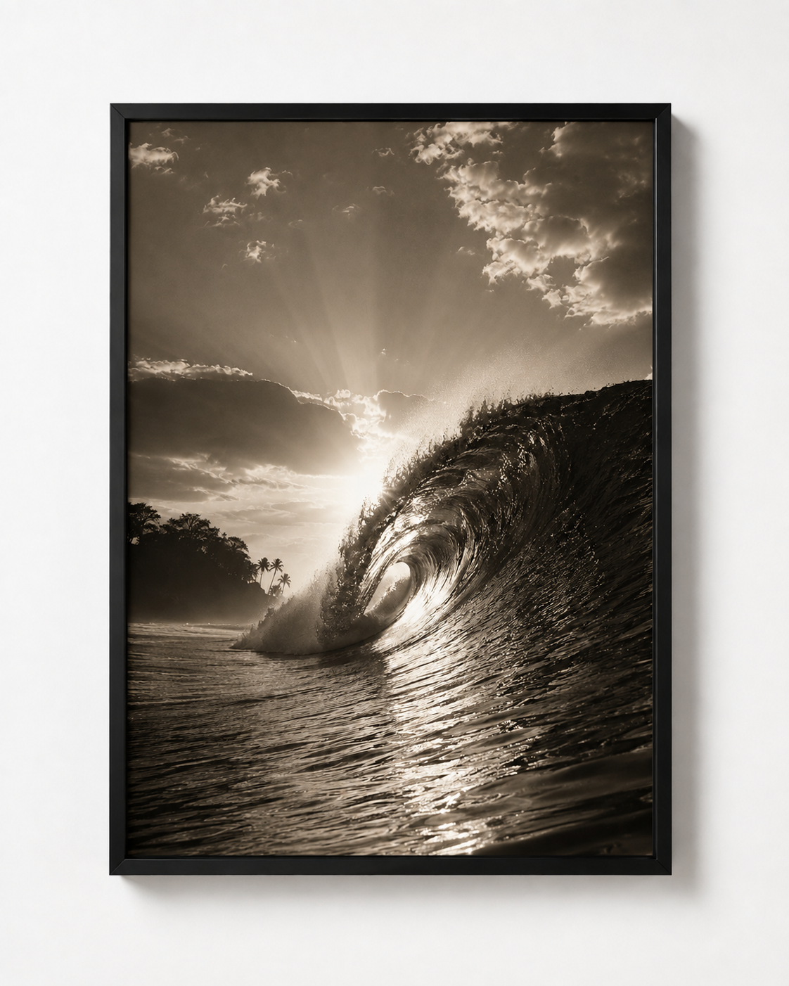 Sunset Surf dramatic ocean wave artwork in a black frame