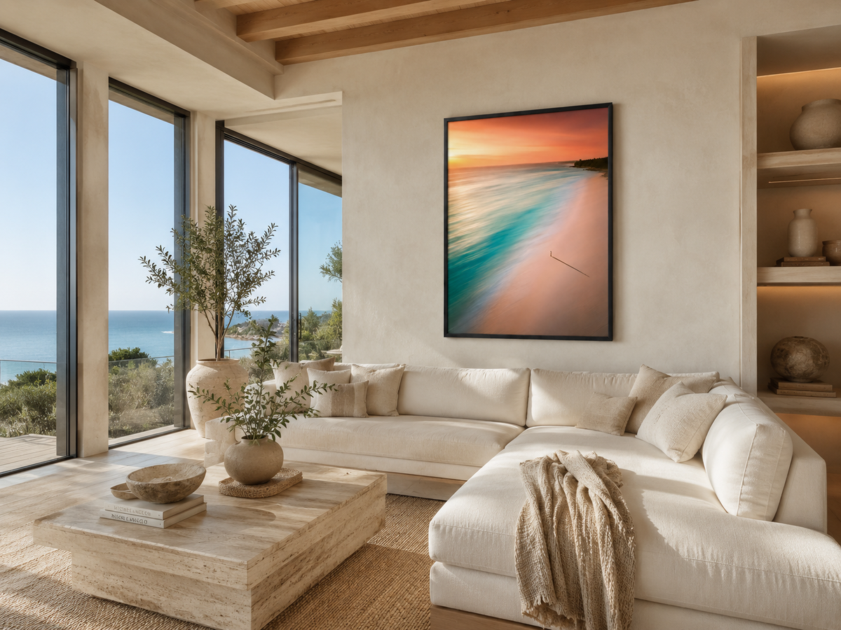 Turquoise Solitude coastal wall art hanging in a modern interior