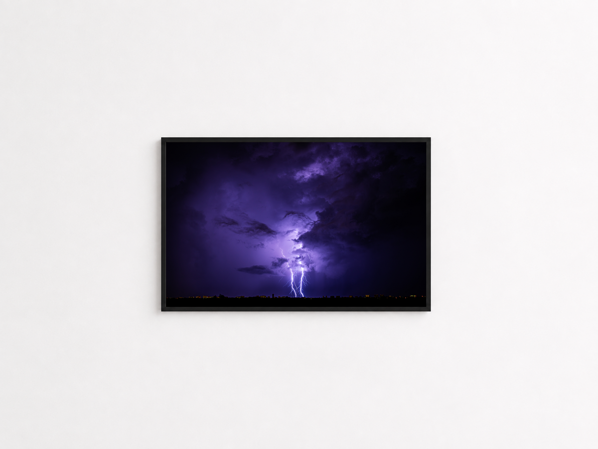 Twins purple lightning storm photography print in a black frame