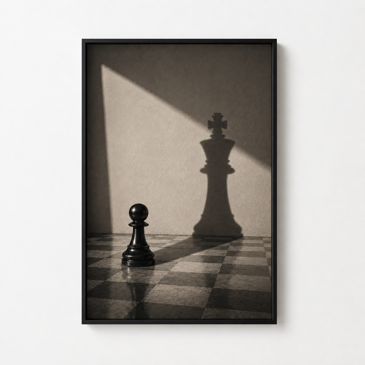 Underestimated motivational chess artwork in a black frame on a white wall