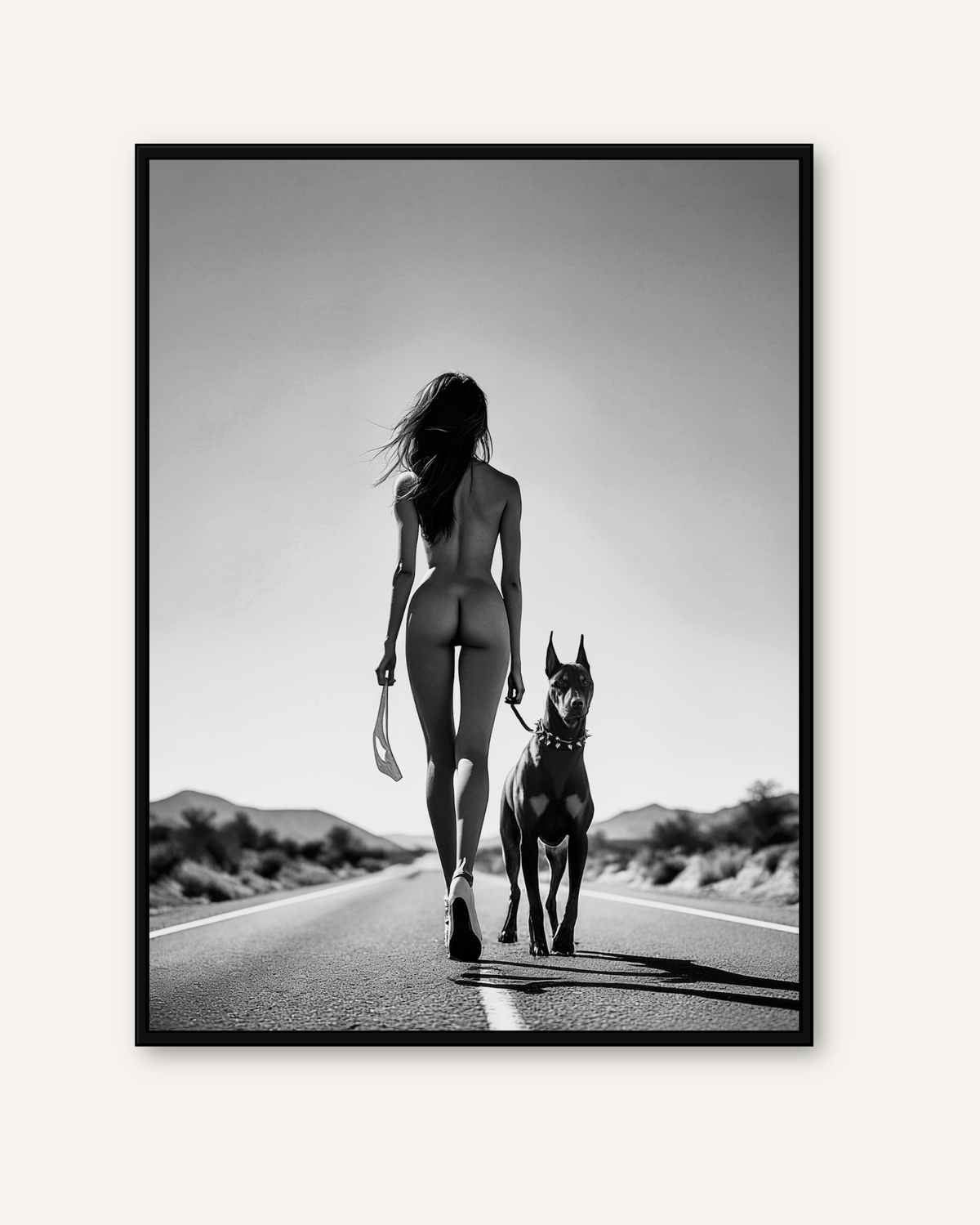 Got Your Six black and white Doberman desert wall art in a black frame
