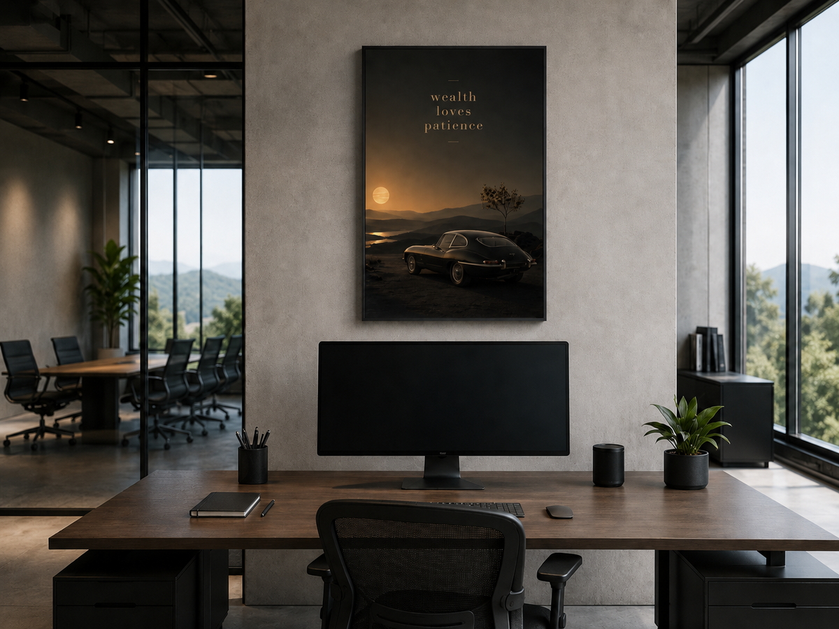 Wealth Loves Patience motivational wall art hanging above a modern office workstation