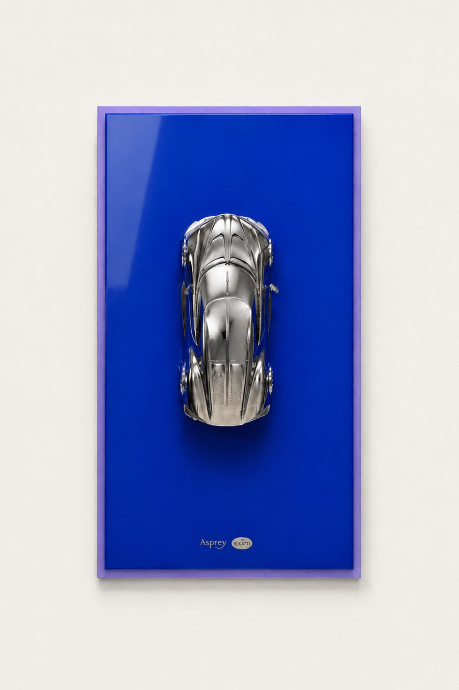 Asprey x Bugatti sterling silver wall-mounted sculpture in French Racing Blue and mauve, full front view