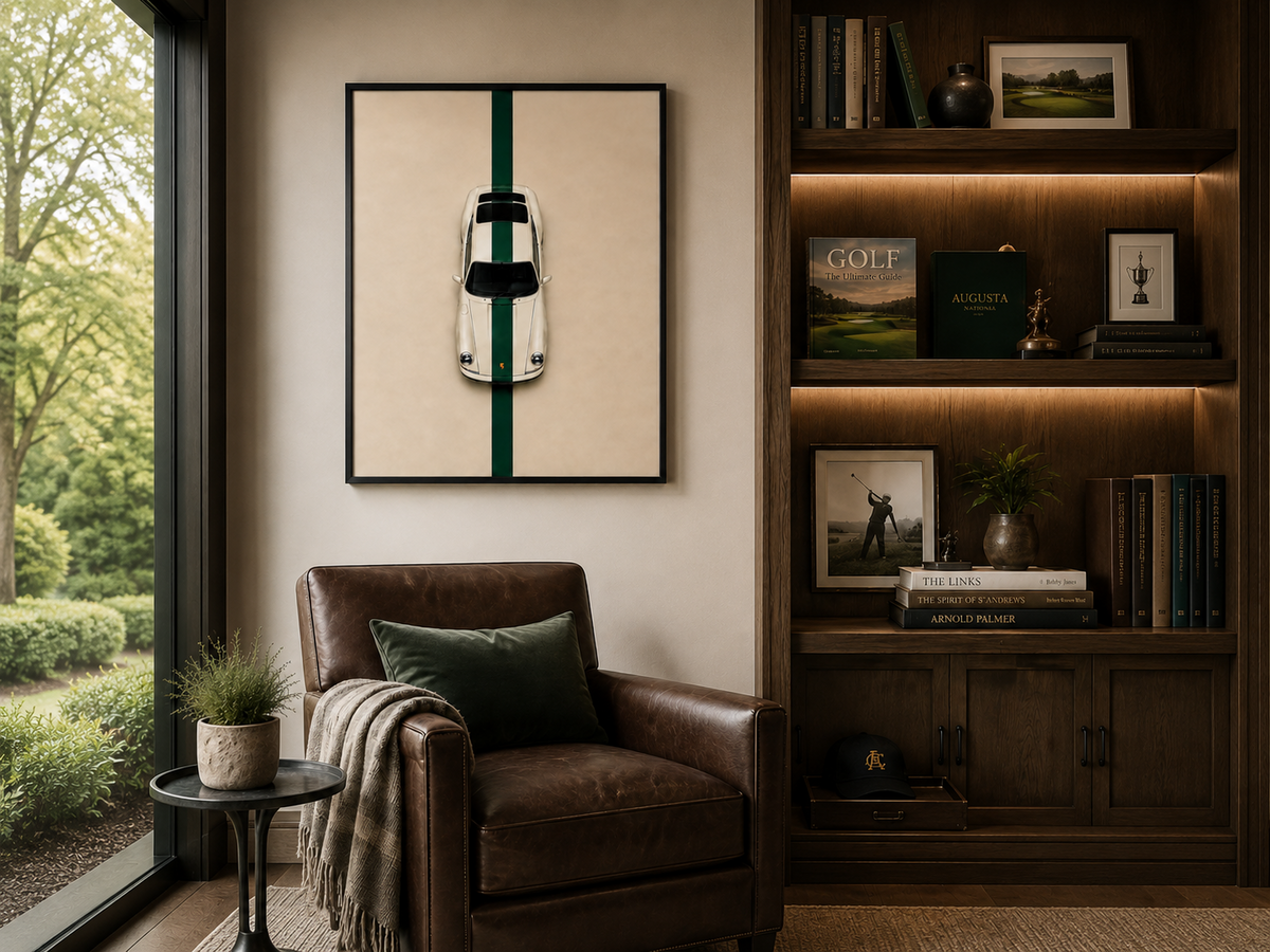 Golf Cart Porsche Series artwork in golf-inspired interior displayed in a room