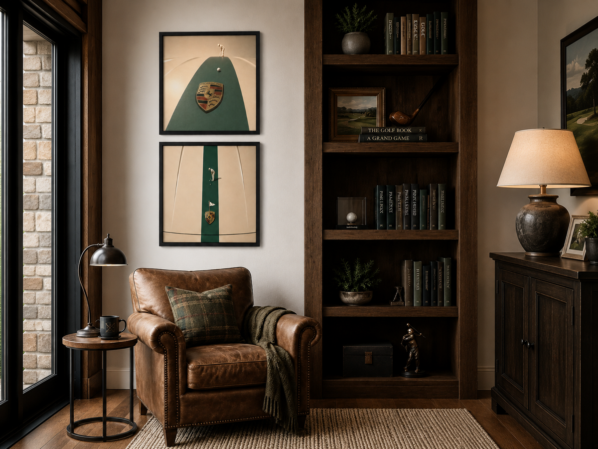 Golf Cart Porsche Series paired artwork in golf-inspired interior displayed in a room
