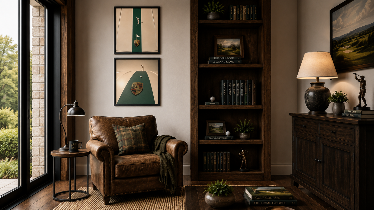 Golf Cart Porsche Series paired artwork in golf-inspired interior displayed in a room