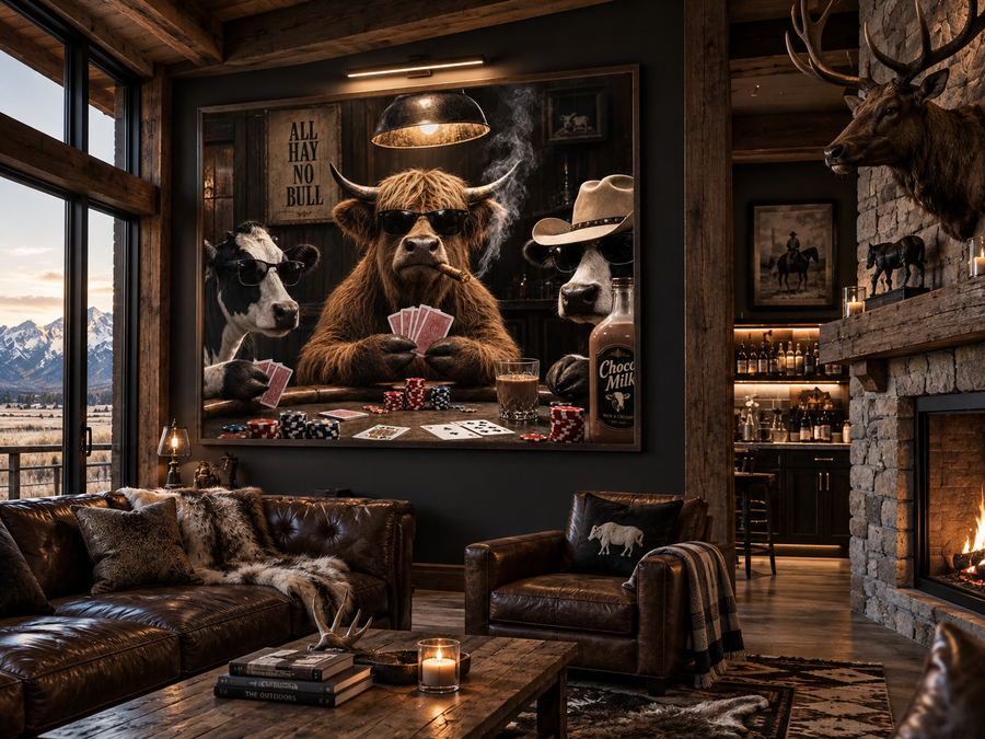 All In cow poker artwork displayed in a rustic lodge living room