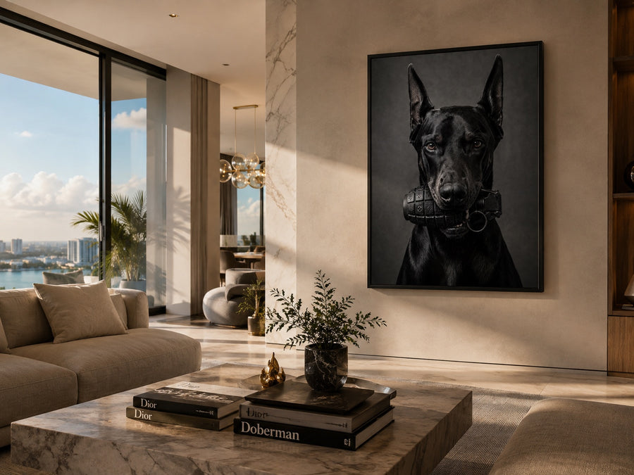 Bad Boy black-and-white Doberman artwork displayed in a luxury Miami interior