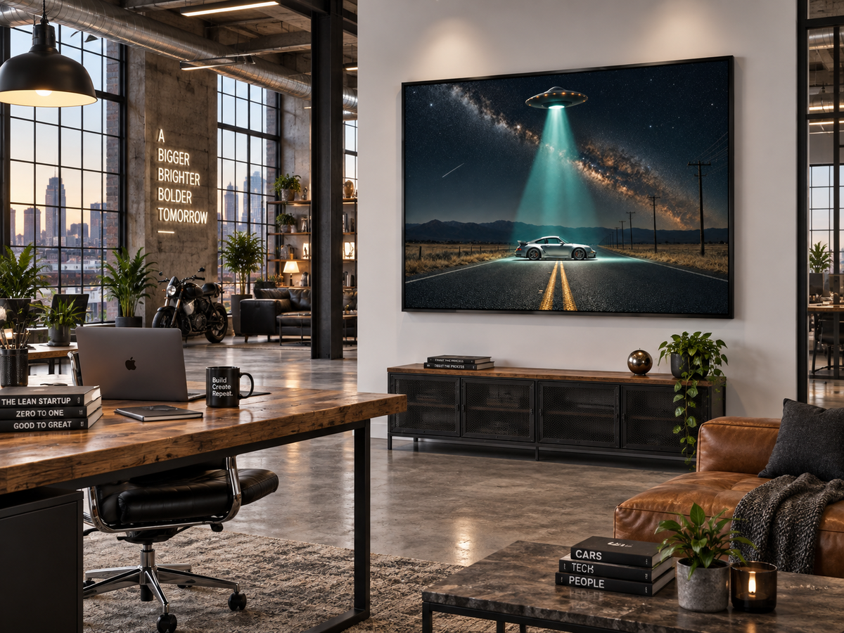 Beam Me Up artwork displayed in a modern workspace displayed in a room