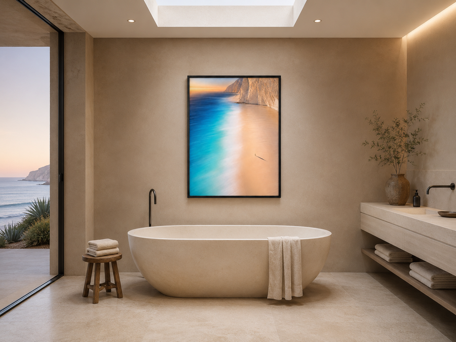 Cliffside Blue framed coastal artwork displayed in a modern interior
