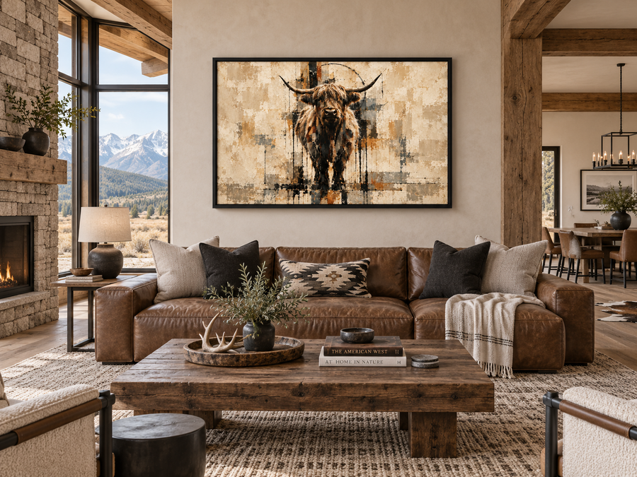 Deconstructed Cow II artwork displayed in a modern ranch interior