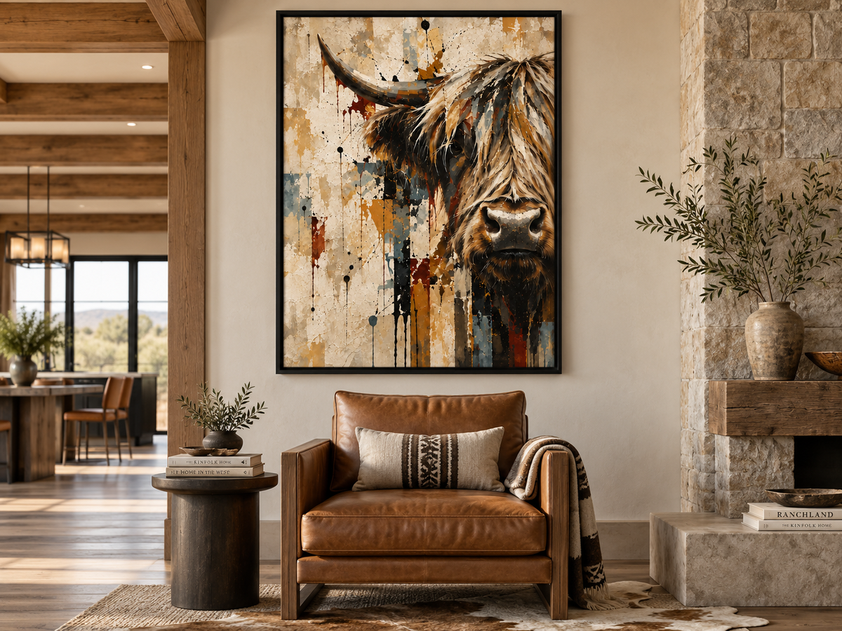 Deconstructed Cow III artwork displayed in a modern ranch interior displayed in a room