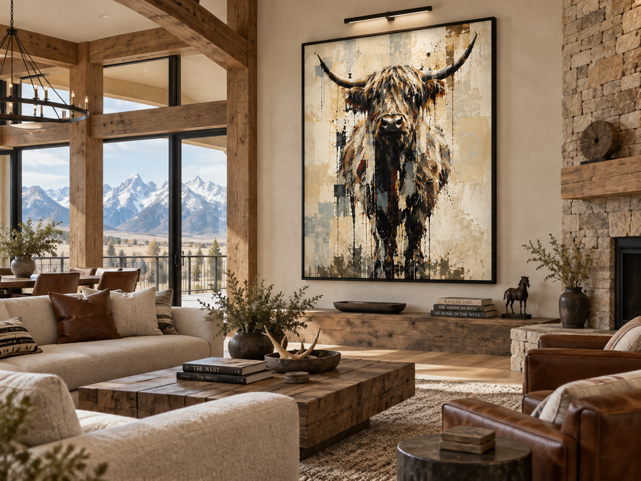 Deconstructed Cow artwork displayed in a modern ranch interior