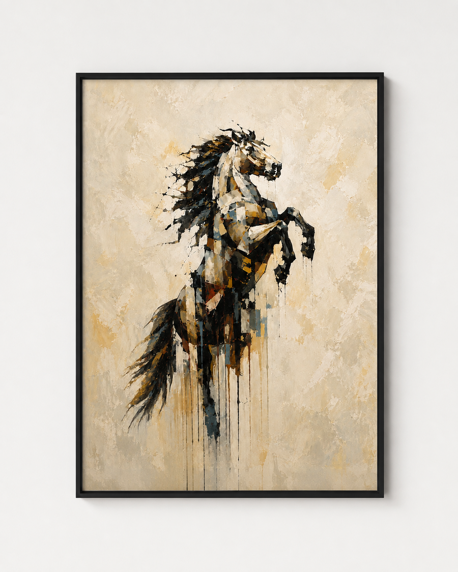Deconstructed I rearing horse artwork in a black frame on a clean white background