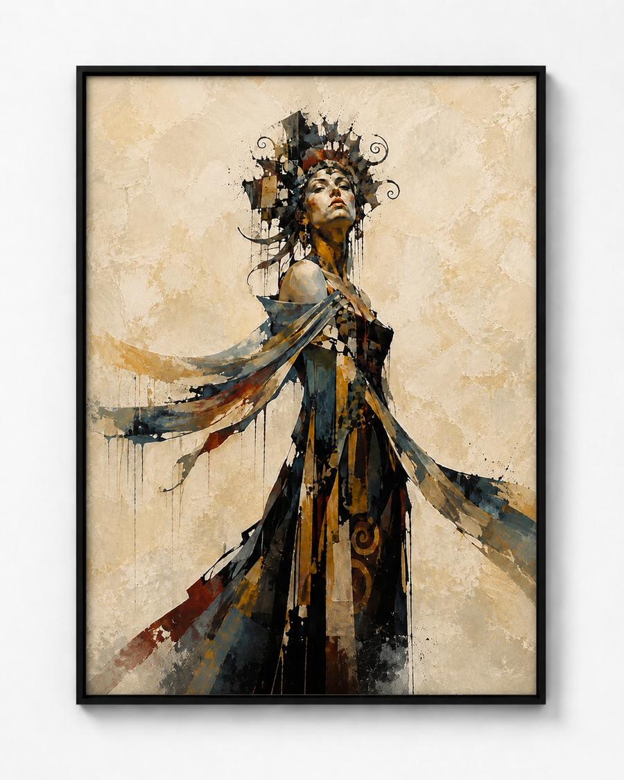 Deconstructed II regal woman artwork in a black frame