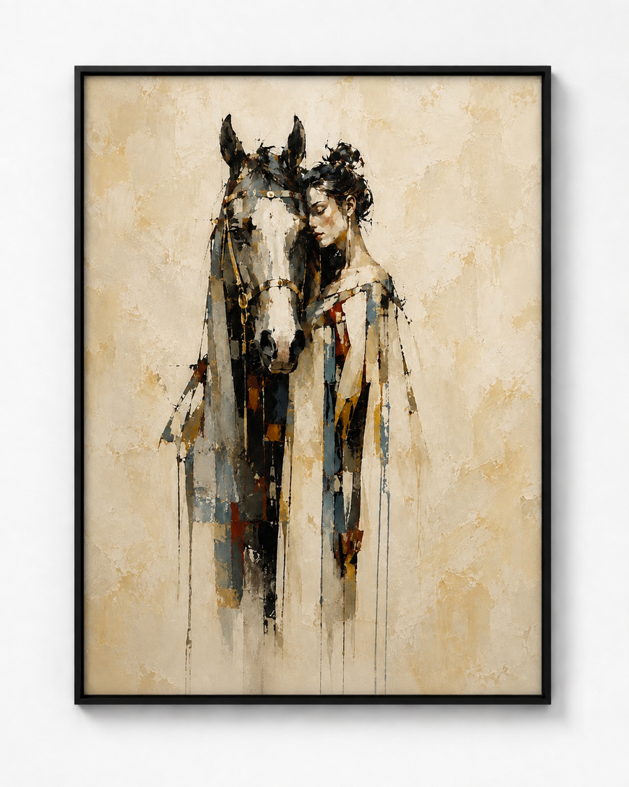 Deconstructed III woman and horse artwork in a black frame