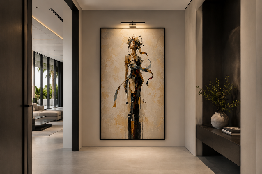 Deconstructed V female figure artwork displayed in a luxury modern interior