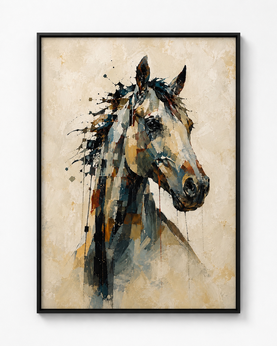Deconstructed VI horse portrait artwork in a black frame