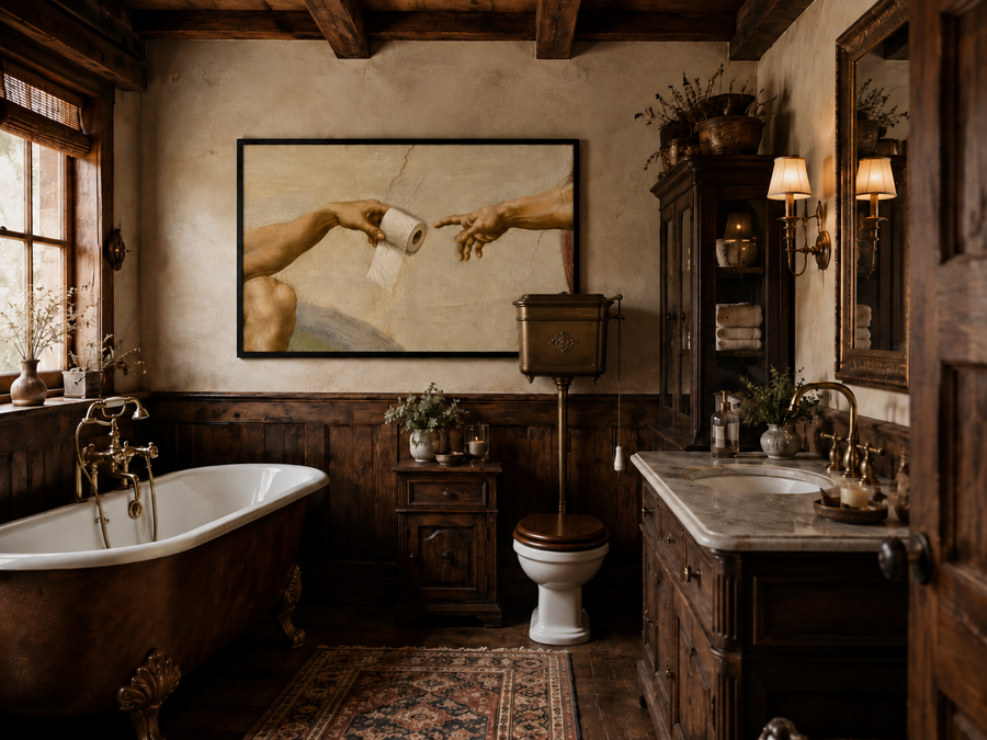 Divine Relief wall art displayed in a luxury traditional bathroom