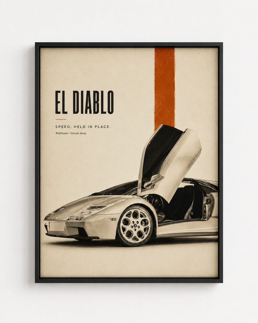 El Diablo vintage supercar automotive artwork in a black frame