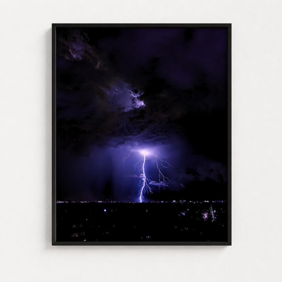Electric Night purple lightning photography print in a black frame